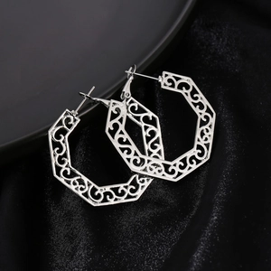Bohemian silver hollow geometric octagon earrings with filigree floral patterns