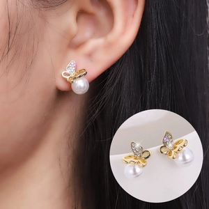 Butterfly Artificial Pearl Stud Earrings Gold Plated Alloy Rhinestone With Stainless Steel Earring Post Elegant Shiny Jewelry