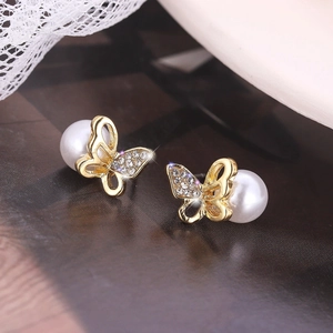 Elegant gold butterfly pearl stud earrings with sparkling rhinestones for women