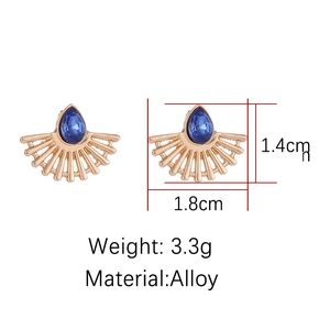 Detailed view of fan-shaped blue drop earrings with dimensions 1.4cm by 1.8cm