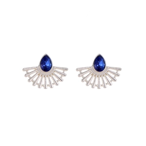 Detail of silver fan-shaped earrings featuring blue water-drop gemstones on white background