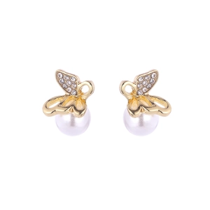 Elegant gold butterfly pearl earrings with small rhinestones on a clean white background
