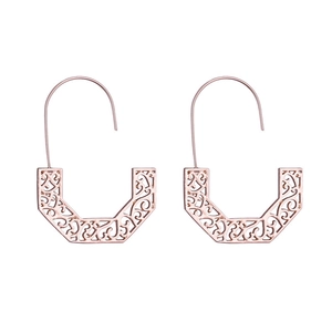 Rose gold geometric hollow pattern U-shaped earrings with intricate floral filigree detail
