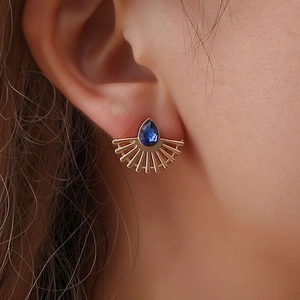Fashion Fan-Shaped Stud Earrings With Blue Waterdrop Rhinestone Alloy Gemstone Earrings For Women Jewelry Anniversary Gift