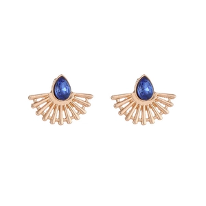 Elegant gold fan-shaped stud earrings with blue teardrop-cut crystals in a retro style