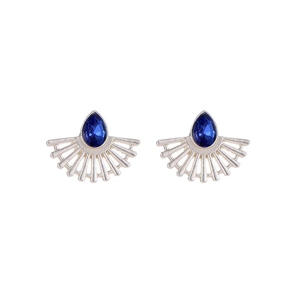 Silver fan-shaped earrings with blue teardrop gemstone and intricate hollow design
