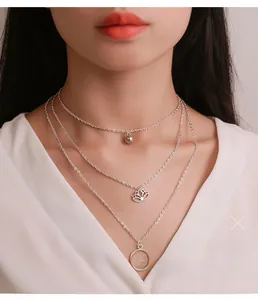 Close-up of three-tier silver lotus layered necklace worn on female model's neck