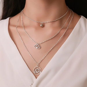 Vintage Silver Tone Alloy Triple Layer Necklace With Lotus Flower Pendant Boho Multi Row Choker For Women Daily Jewelry