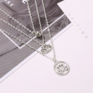 Three-layer silver lotus necklace with bead charms for women in a vintage layered style