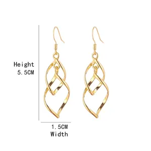 Fashionable gold twisted rhombus leaf dangle earrings measuring 5.5cm by 1.5cm