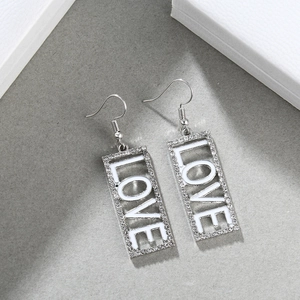 Silver rectangle drop earrings with rhinestones and LOVE lettering in hollow design