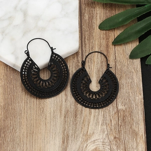 Bohemian vintage hollow black matte alloy hoop earrings with intricate geometric patterns