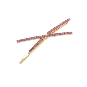 Elegant gold metal X-shaped hair clip with sparkling pink rhinestones for women