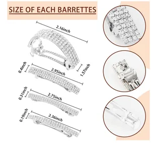 Tableau des tailles détaillé pour barrettes en strass avec dimensions et gros plans