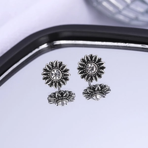 Elegant sunflower stud earrings with vintage silver plating and center sparkling crystal