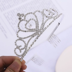 Serre-tête couronne en strass argenté avec motif de cœur et peignes pour fêtes