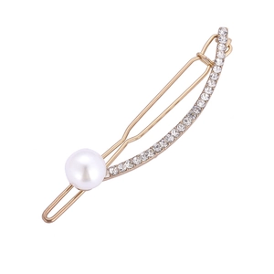 Elegant gold alloy hair clip with white faux pearl and sparkling crystal rhinestones