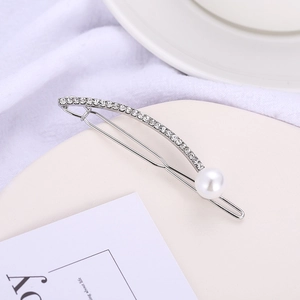 Elegant U-shaped silver hair clip featuring rows of rhinestones and a large white pearl