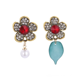 Vintage floral drop earrings with red crystal centers, white pearls and blue leaf charms