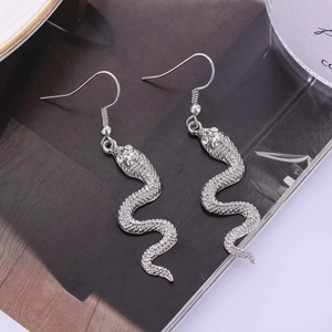 Chic silver snake drop earrings with textured scales and sparkling rhinestone snake heads