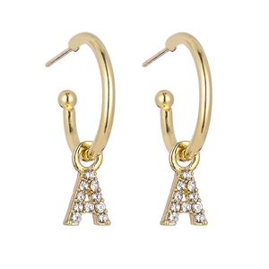 Gold C-shaped hoop earrings with crystal-encrusted letter A pendants for women