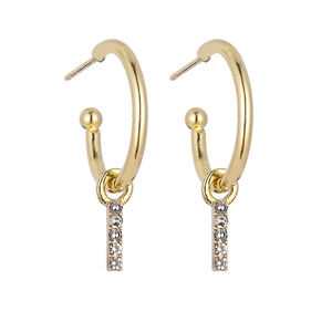 Detailed view of gold C-shaped hoop earrings with vertical rhinestone bar pendants