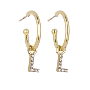 Detailed view of gold letter L pendant earrings with sparkling pavé crystal accents