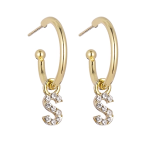 Elegant gold-tone round hoop earrings featuring rhinestone-studded S-letter pendants