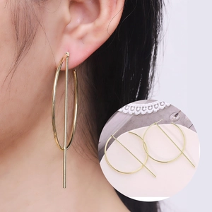 European American Geometric Round Hoop Earrings With Vertical Bar For Women Minimalist Metal Electroplated Jewelry Accessory