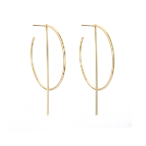 Minimalist gold geometric earrings featuring a slender circular arc and vertical bar design