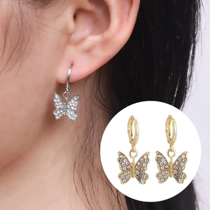 Boucles d'Oreilles Créoles Pendantes Papillon en Alliage et Strass Avec Tige en Acier Inoxydable Bijoux Élégants pour Femmes