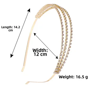Detailed view of golden 3-row rhinestone headband with size and weight measurements