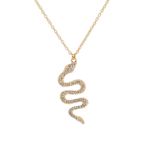 Fashionable gold-colored snake pendant necklace featuring sparkling inlaid rhinestones