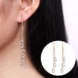 Boucles d'Oreilles Longues à Pompons de Style Coréen Avec Design Nombre 666 Tige en Argent Sterling 925 et Strass Bijoux Femme