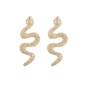Exquisite gold long snake stud earrings with textured metallic scale design on white background