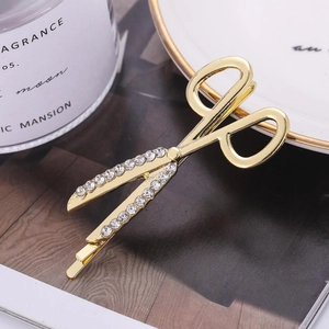 Pince à cheveux créative en forme de ciseaux dorés avec strass brillants pour femmes