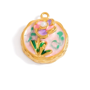 Detailed golden floral pendant with pink enamel petals, green leaves and a central pearl