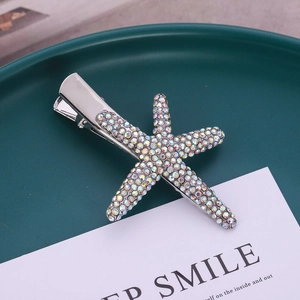 Elegant rhinestone starfish hair clip with rainbow crystals and silver metal base