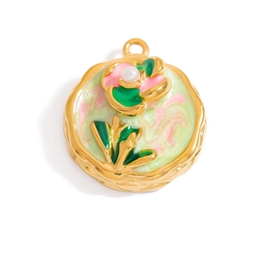 Vintage floral round pendant with pearl and pink painted petals in gold frame
