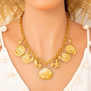 Böhmische 18 Karat Vergoldete Edelstahl Meeres Seestern Muschel Anhänger Halskette Mit Süßwasserperle Für Damen Sommer Strand Schmuck