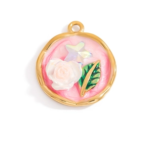 Floral stainless steel pendant with white rose and pink marble resin inlay for DIY jewelry