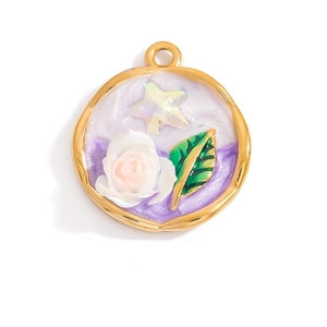 Artistic oil painting style pearl flower pendant in stainless steel with purple enamel