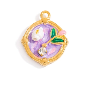 Gold stainless steel tulip pendant with purple marble enamel and sparkling rhinestone