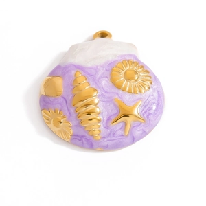 Purple shell pendant with gold sea star and sun engraving in stainless steel