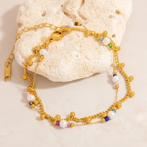 Bracciale a doppio strato in acciaio inossidabile placcato oro 18K con perle e perline