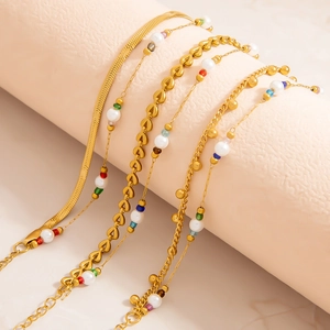 Set di bracciali a doppio strato in acciaio inossidabile placcato oro 18K con perline