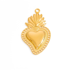 Pendentif cœur sacré en acier inoxydable plaqué or 18K avec détails de flammes