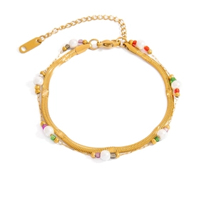 Bracciale a doppio strato in acciaio inossidabile placcato oro 18K con perle e perline colorate
