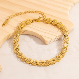 18K gold plated stainless steel wave leaf chain bracelet with lobster clasp and extender
