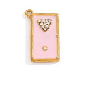 Detailed macro of pink enamel rectangular pendant with sparkling crystal rhinestone accents